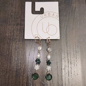 NWT Urban Outfitters White Bead & Green Gem Gold Tone Earrings